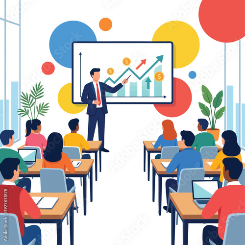 Business presentation with graph and students attending class vector illustration.