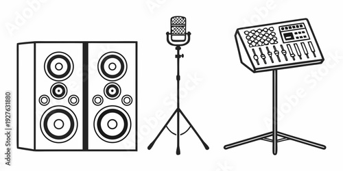 A music setup with speakers, a microphone, and a keyboard on stands Vector