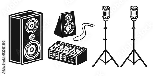 A detailed illustration of a home audio system with speakers and microphones. Vector
