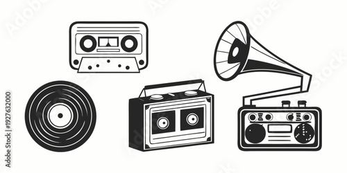 A collection of vintage audio equipment and devices Vector