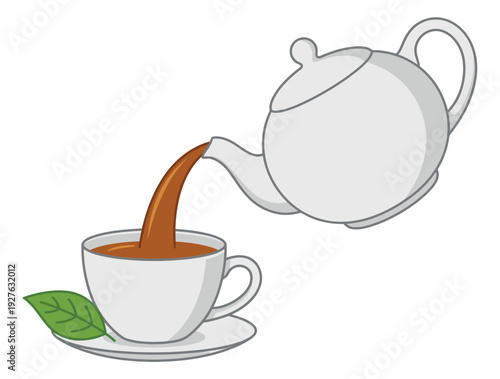 Line art illustration of a teapot pouring tea into a cup depicting a hot beverage for a refreshing break