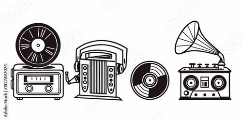 Vintage radios and phonographs in a row, showcasing retro audio technology Vector