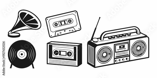 Vintage radio and vinyl records set up for a nostalgic music experience Vector