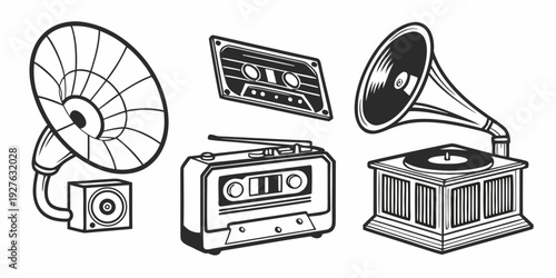 Vintage audio devices arranged in a row with a modern radio Vector