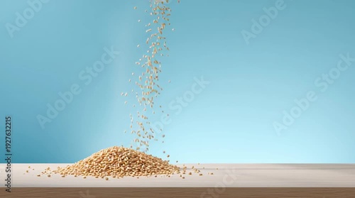 Wallpaper Mural Grain shower on wooden tabletop: A close-up shot capturing the elegant flow of golden grain showering onto a wooden surface, with a calming backdrop of blue. Torontodigital.ca