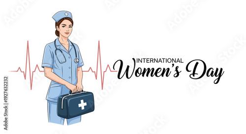Illustration of a female nurse holding a first aid kit on International Women's Day with a red heartbeat line in the background.