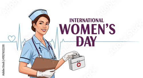 Illustration of a smiling nurse holding a clipboard and first aid kit, celebrating International Women's Day with a heart rate line in the background, symbolizing empowerment and healthcare.