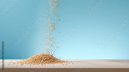 Wallpaper Mural Golden Grains Cascade: A mesmerizing capture of golden grains gracefully pouring down, accumulating into a small, inviting pile, set against a calming blue backdrop. Torontodigital.ca