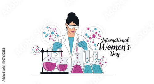 Illustration of a woman in a lab coat celebrating International Women's Day with colorful beakers and equipment on a clean white background.