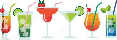 Colorful summer cocktail collection, fresh fruit mocktails and alcoholic drinks in stylish glasses with straws, flat vector illustration