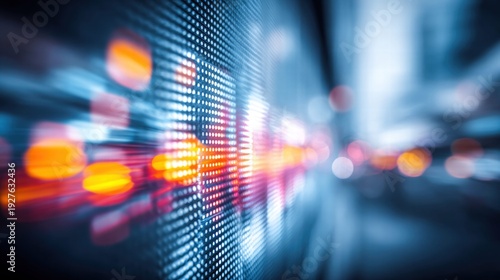 Dynamic led screen display with blurred bokeh lights, showing digital data and technology.