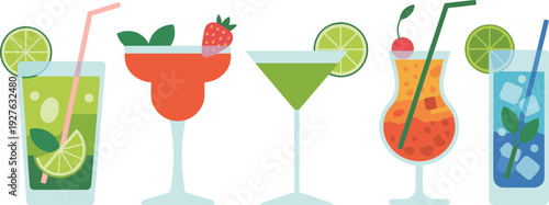 Colorful tropical cocktail set with fresh lime strawberry garnish, refreshing summer drinks collection in stylish glasses flat vector illustration