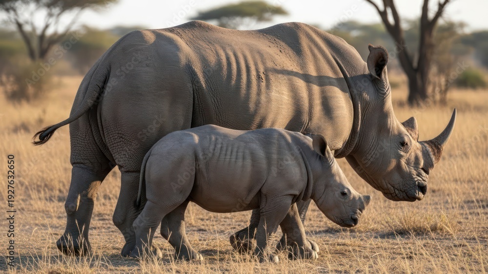 Fototapeta premium Mother Rhinoceros and Calf in Savanna Grassland.