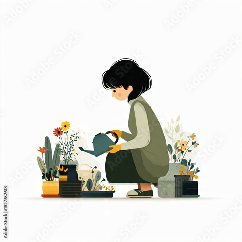 Charming illustration of a person gently watering potted plants, embracing the peaceful and rewarding hobby of indoor gardening, fostering growth and tranquility