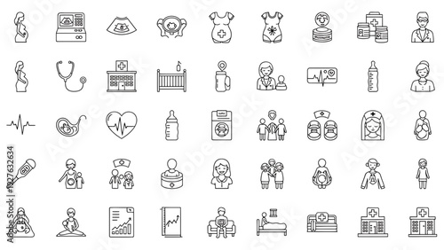 Comprehensive Healthcare and Pregnancy Icon Collection Representing Maternal Wellness, Medical Services, and Pediatric Care