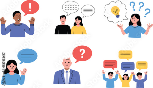 Communication and problem solving concept with people talking asking questions sharing ideas speech bubbles flat vector illustration