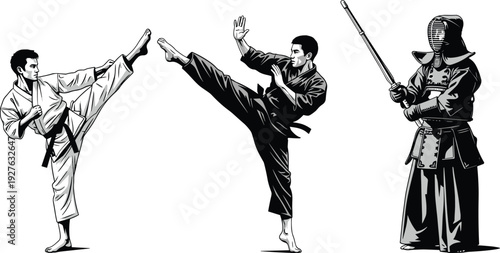 Martial arts silhouettes, karate gi, black gi, kendo armor, high side kick, front kick, bamboo sword, combat training, discipline, fitness, flavector