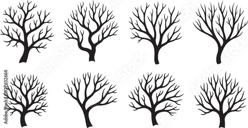 Collection of bare tree silhouettes on white background illustration