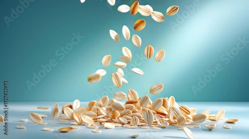 Wallpaper Mural Oatmeal cascade: A close-up shot captures the graceful descent of individual, golden oat flakes, creating a dynamic pile. The image exudes a sense of freshness and natural goodness. Torontodigital.ca