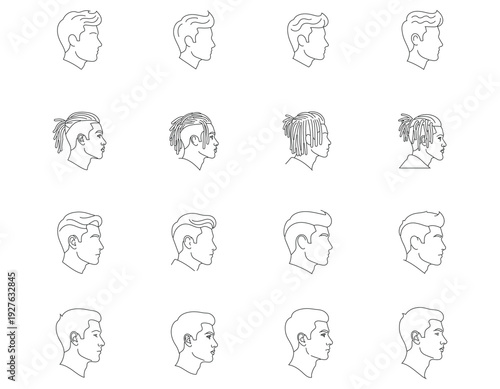 Collection of diverse male profiles in various hairstyles and facial hair illustrated in a minimalist style from a side viewpoint