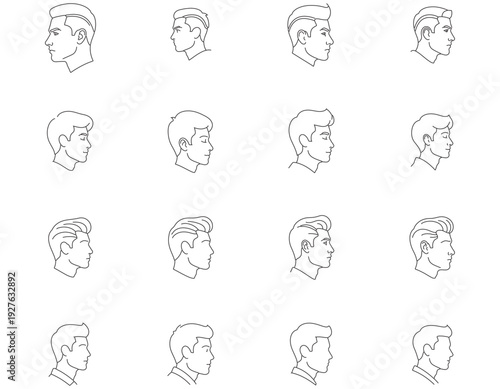 Collection of simple line drawings of human heads in various profiles and orientations