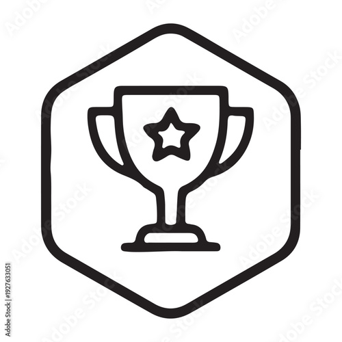A simple black and white icon of a trophy with a star inside