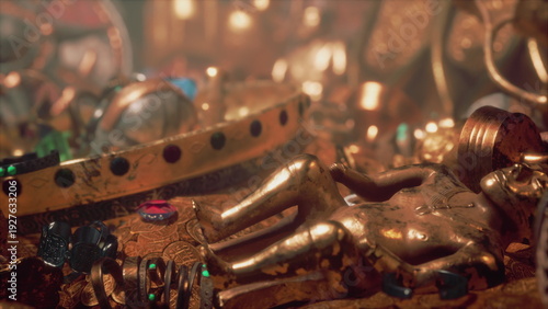 Fotografie Shimmering golden artifacts and ancient relics scatter across the floor of a secret chamber lit by soft light, hinting at forgotten treasures and untold stories from the past