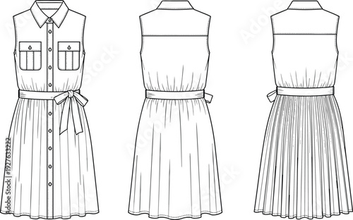 Sleeveless button front midi dress with belt and pleated skirt vector fashion technical drawing front and back views