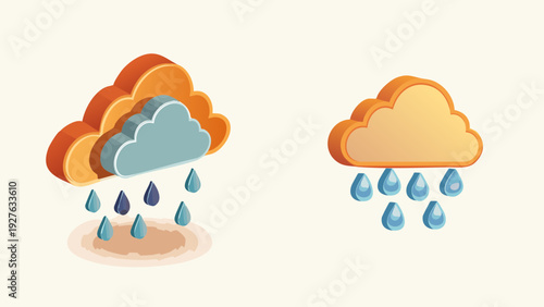 Two cartoonish clouds with rain falling down, representing weather forecast and meteorology concepts