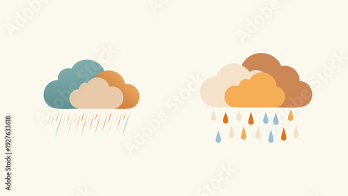 Abstract representation of two clouds with rain falling in different colors, signifying weather changes and atmospheric conditions