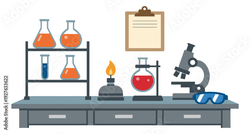 Flat design science lab equipment set featuring beakers, test tubes, a microscope, and a bunsen burner for educational experiments