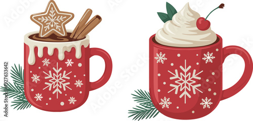 Cozy Christmas hot chocolate in red snowflake mugs with whipped cream, gingerbread star cookie, cinnamon sticks, cherry, and pine branches.