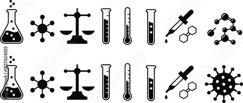 Black Science Laboratory Icon Set with Chemistry Flasks Test Tubes Scales Molecules Droppers and Virus Symbols for Medical Research and Education