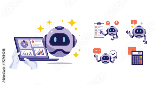 A purple robot character surrounded by various digital icons and gadgets