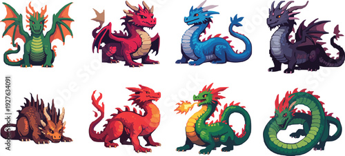 Cute pixel art dragons collection, colorful chibi fantasy creatures red green blue black orange poses illustration set, mythical baby dragon characters vector.