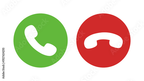 Set of call accept and decline icons in minimalist style featuring green accept and red decline buttons, clean vector symbols for phone interfaces, apps, websites, contact screens, and communication