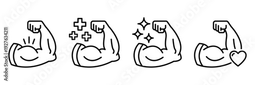 Strong hand black line icon set. Muscle arm logo, label, badge, symbol, strength, bicep, power, high, protein, man, flex, strong bone calcium, human body concept. Vector illustration.