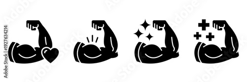 Strong hand black line icon set. Muscle arm logo, label, badge, symbol, strength, bicep, power, high, protein, man, flex, strong bone calcium, human body concept. Vector illustration.