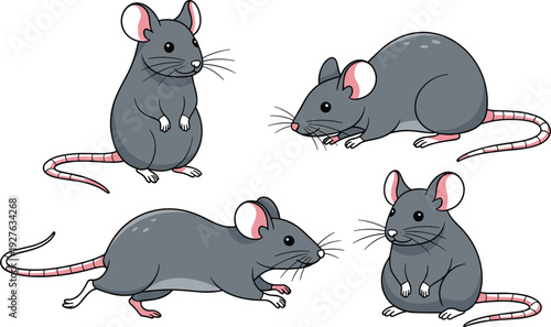 Set of four cute cartoon gray mouse characters in various poses including standing and running, isolated flat vector rodent illustrations.