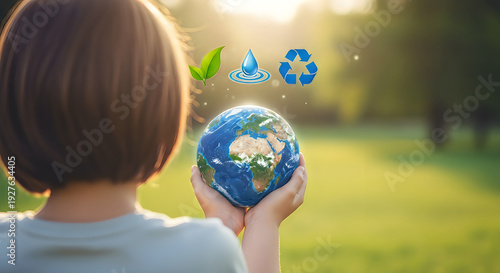 A child holding a miniature globe with floating blue recycling symbols and green leaves.