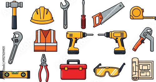 A comprehensive collection of construction and DIY tools including power drills, hand tools, safety gear, and blueprints.
