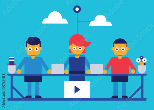 Three developers sit at a desk with objects and a play button, working collaboratively under clouds.