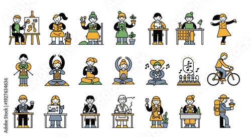 A colorful vector graphic illustration of various people in different professions and activities
