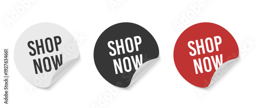 Shop now round sticker badge with special offer text, retail advertising symbol designed as paper label banner and adhesive tag for promotions, discounts, ecommerce, marketing campaigns, and product