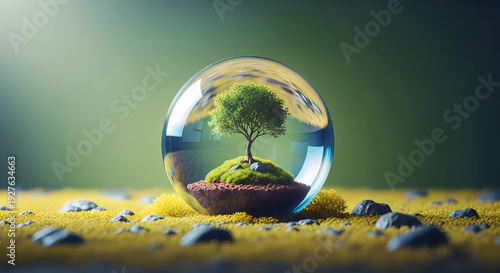 A delicate glass globe cradles a vibrant green tree amidst a golden landscape.