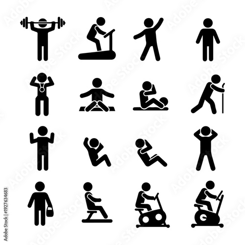 Set of black silhouette icons depicting various fitness activities and exercises performed by individuals in different poses and actions