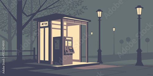 A serene night scene with a public restroom illuminated by street lights on a quiet street Vector