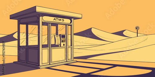 A serene bus stop on a quiet street with a clear blue sky and a distant mountain range. Vector