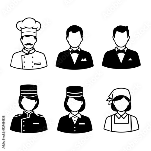 Diverse group of hospitality staff icons in uniform, including chef, waiters, and service personnel.