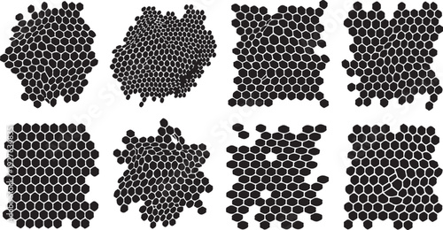 Geometric patterns of black hexagons on white background